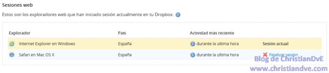 Sesiones web de Dropbox y opción para cerrarlas a distancia